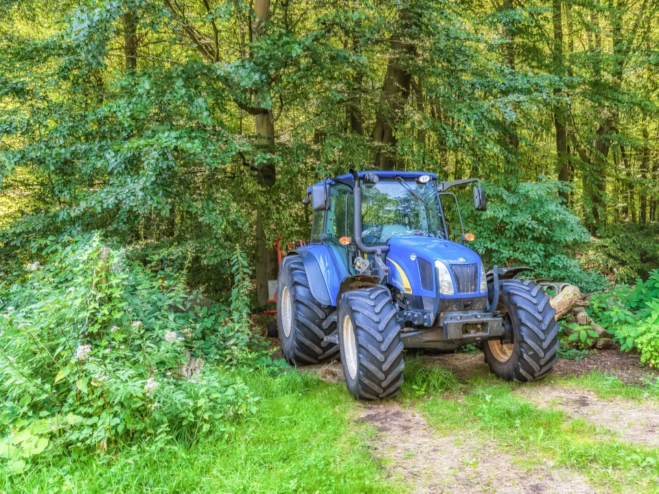 Tractor clearing brush on an overgrown lot