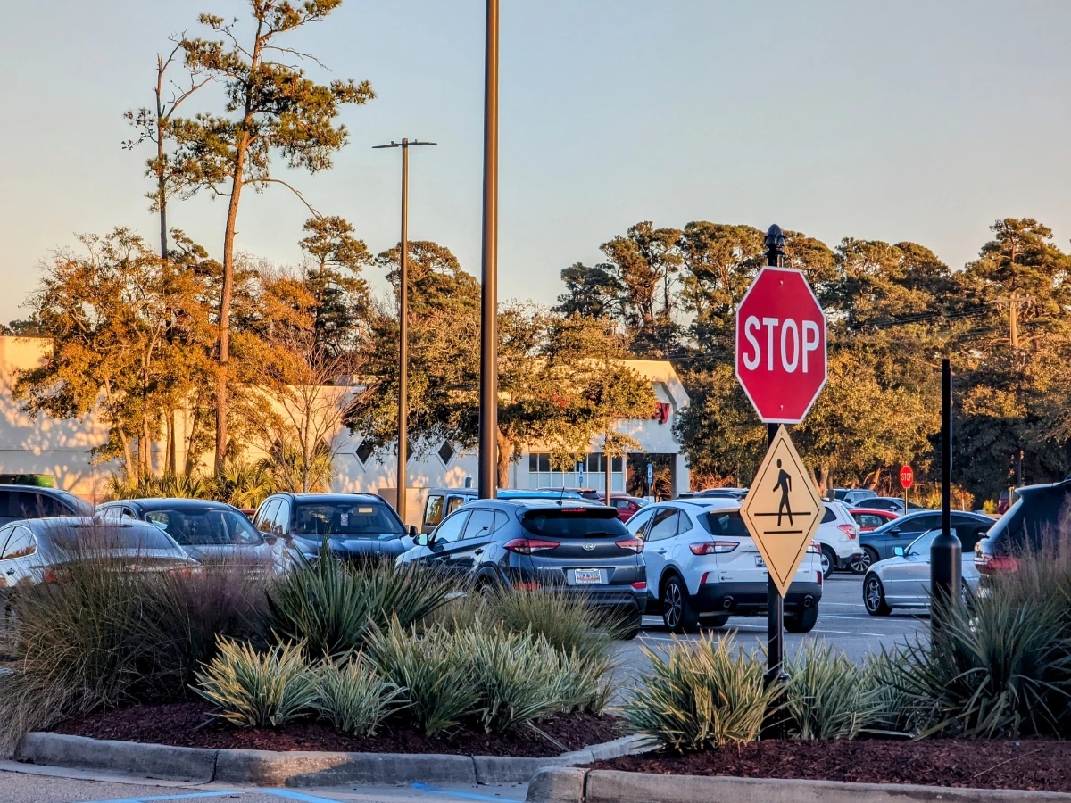 Shrub planting island in a commercial parking lot