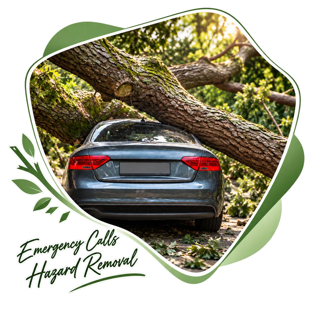 Tree fallen across a parked car, captioned Emergency Calls, Hazard Removal