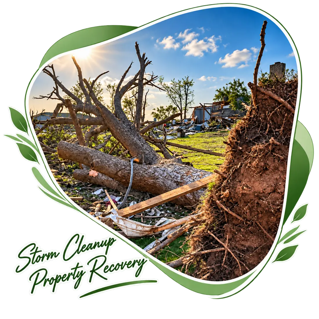Uprooted trees and storm debris across a property, captioned Storm Cleanup, Property Recovery
