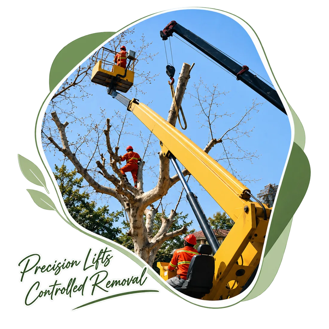 Boom lift and crane working in the crown of a large tree, captioned Precision Lifts, Controlled Removal