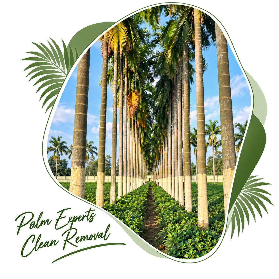 Rows of tall palm trunks, captioned Palm Experts, Clean Removal