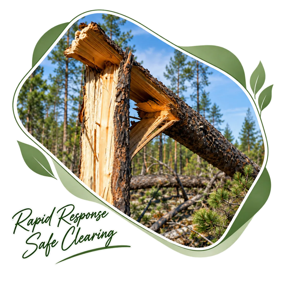 Pine snapped mid-trunk by wind, captioned Rapid Response, Safe Clearing